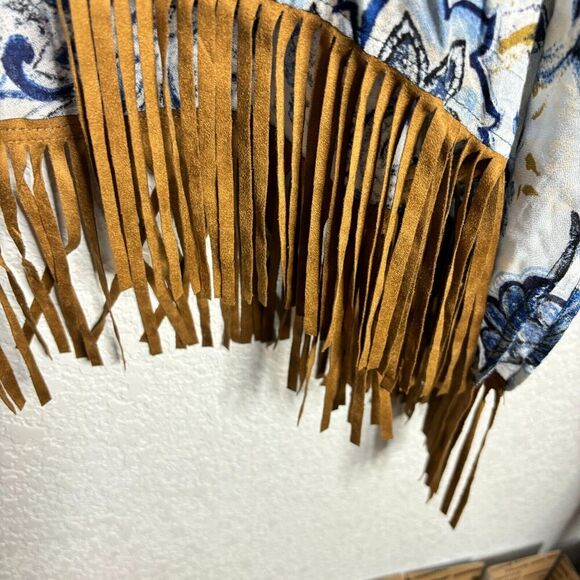 Chico's Printed Suede Fringe Ruana Kimono Cardigan Multicolor S/M NEW - Picture 6 of 10